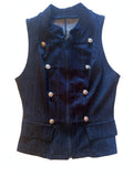Completo gessato blu denim con bottoni argento stile militare
