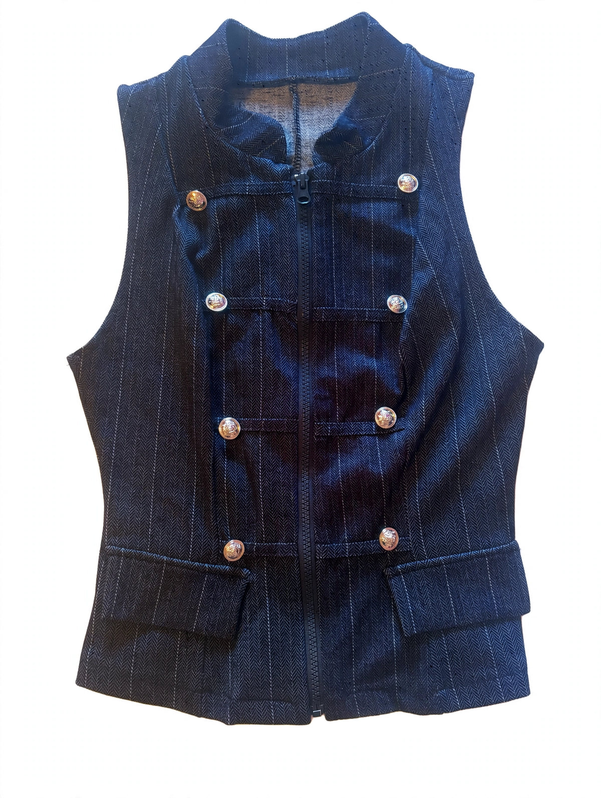 Completo gessato blu denim con bottoni argento stile militare